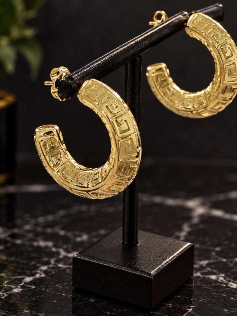 LUXEJEW Gold Tone Greek Key Hoop Earrings Statement Jewelry